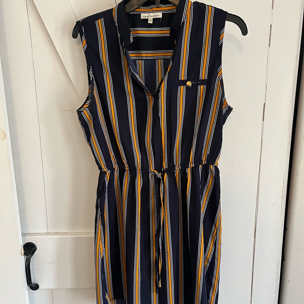 SALE 3/$20 Navy & Mustard Striped Midi Dress with Drawstring Waist